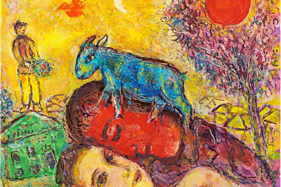 Marc Chagall The Lover with the Red Profile and the Blue Donkey, 1971 Oil and ink on canvas 15 × 18 in | 38.2 × 45.8 cm