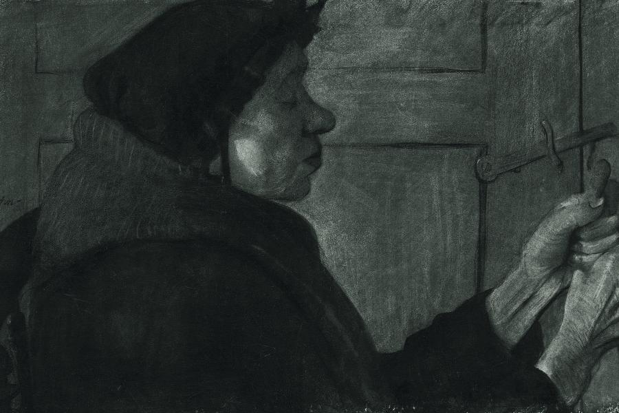 Paula Modersohn-Becker, Alte Frau im Profil nach rechts, einen Stock haltend, Worpswede 1898_99, Kohle, Privatbesitz