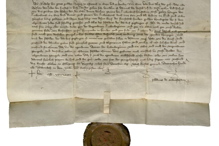 „Tötbrief“, unterzeichnet von Herzog Rudolf IV. am 11. Februar 1362. Österreichisches Staatsarchiv. © Österreichisches Staatsarchiv AT-OeStA/HHSta UR AUR 10315