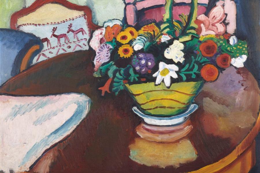 August Macke: Stillleben mit Hirschkissen und Blumenstrauß, 1911