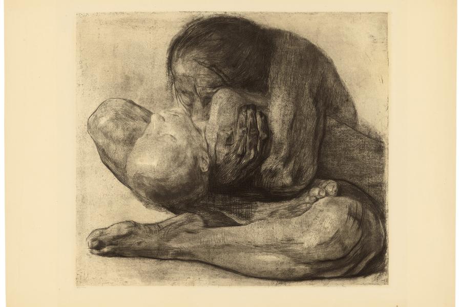 Käthe Kollwitz, Frau mit totem Kind, 1903, Strichätzung, Kaltnadel, Schmirgel und Vernis mou mit Durchdruck von geripptem Büttenpapier und Zieglerschem Umdruckpapier, Kn 81 VIII a, Käthe Kollwitz Museum Köln