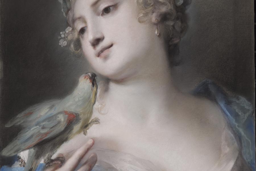 Rosalba Carriera, Eine Dame mit einem Papagei auf der rechten Hand (Allegorie der Beredsamkeit), um 1725/30 Pastell auf Papier 54,5 x 41 cm © Gemäldegalerie Alte Meister, Staatliche Kunstsammlungen Dresden, Foto: Elke Estel/Hans-Peter Klut