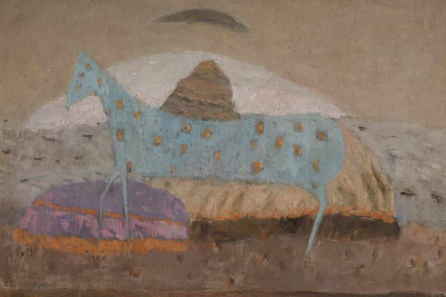 Zoran Mušič (1909–2005), Cavallo azzurro, 1950, Öl auf Leinwand, 59,5x80cm, Rückseite signiert datiert betitelt, Foto Galerie Magnet