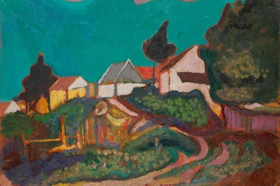 Josef Dobrowsky | Bauernhäuser im Burgenland 1951 | © Bildrecht Wien 2023 | © Artothek des Bundes (Foto Johannes Stoll, Belvedere, Wien)