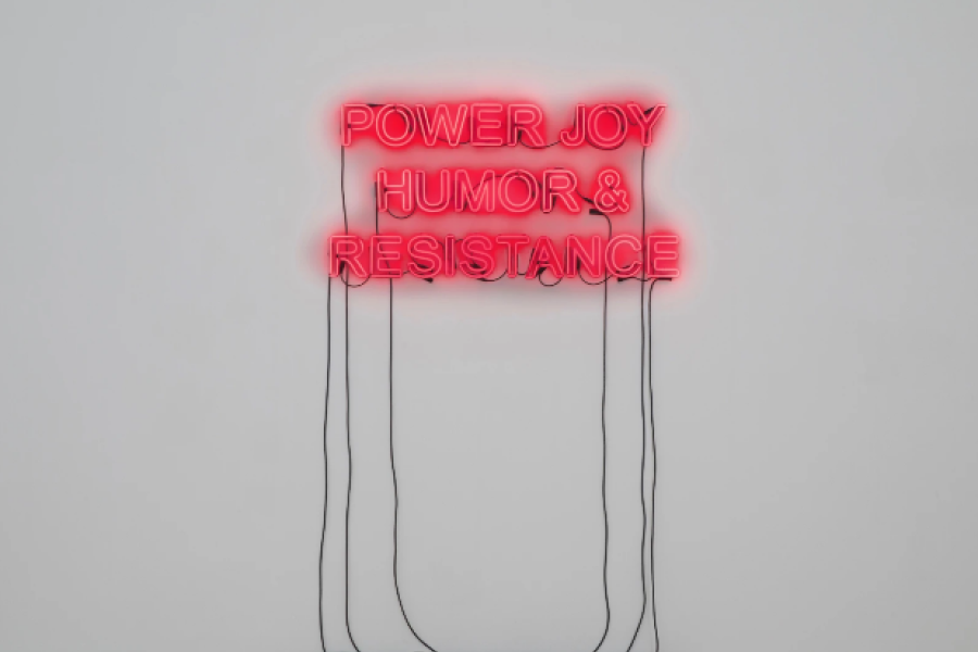 Monica Bonvicini Power Joy Humor Resistance, 2021 red double tube neon letters, power cable 58 x 115 x 4 cm 22 7/8 x 45 1/4 x 1 5/8 in