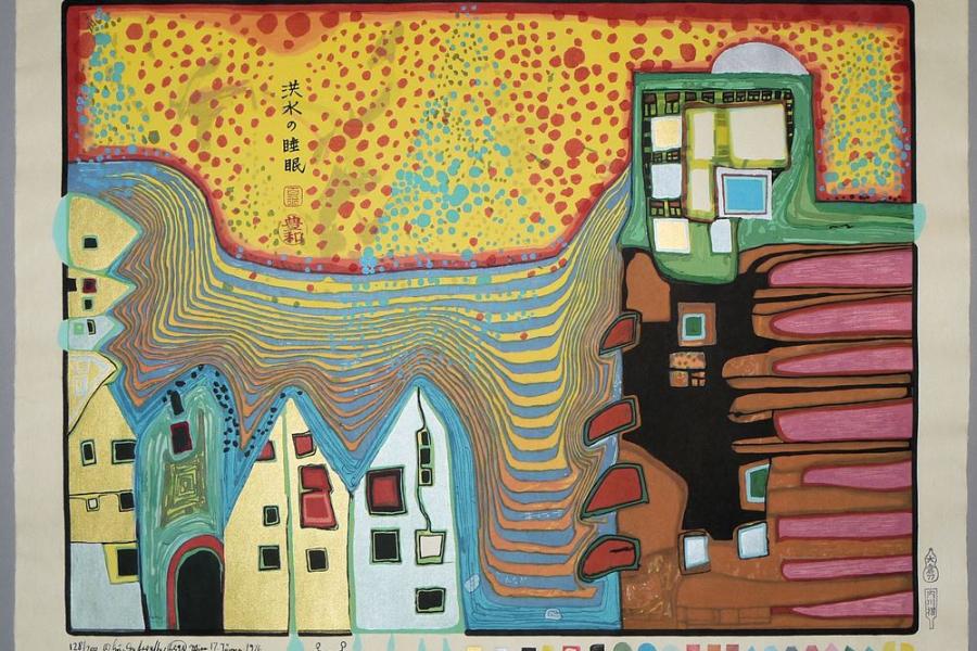 Los Nr. 149 | A296 0149-Friedensreich Hundertwasser, „Flooded Sleep“, Farbholzschnitt von 1976, ohne Rahmen Limit: € 20 Zuschlag: € 3200