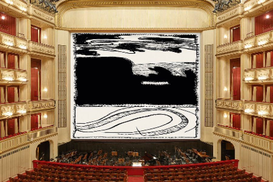 Pierre Alechinsky, Loin d'ici, 2018, Eiserner Vorhang, museum in progress, Wiener Staatsoper, 2018/2019, Großbild