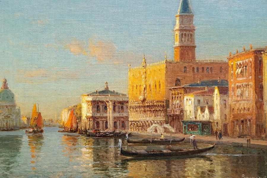 Antoine Bouvard Snr (1870-1955), The Santa Maria Della Salute& Looking Towards The Doge’s Palace, (one of a pair), oil on canvas, Haynes Fine Art;