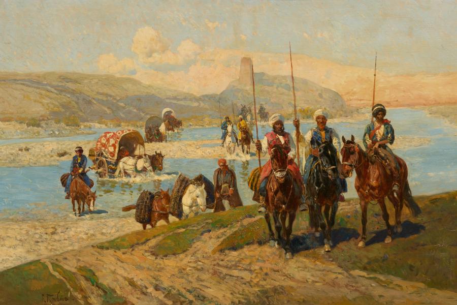 Franz Roubaud (1856 – 1928) Tscherkessenreiter an der Furt | um 1900 | Öl auf Leinwand | 85 x 134 cm Ergebnis: € 105.500