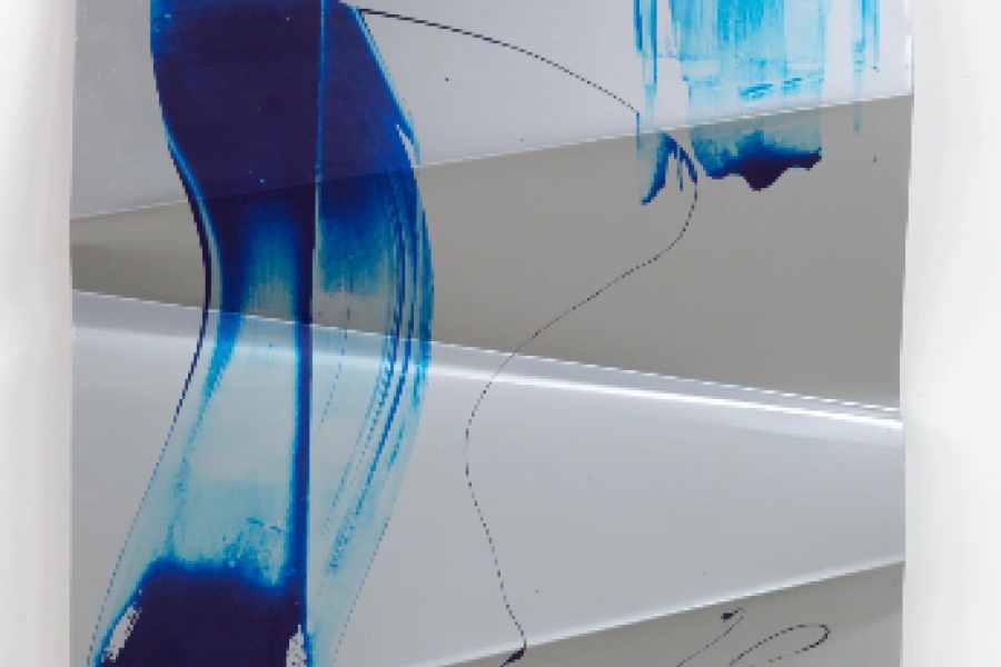 Hannah Perry, on the bonnets (blue), 2014, Ink, heat-wrap vinyl on aluminium, 150 x 109 cm, Courtesy of the artist