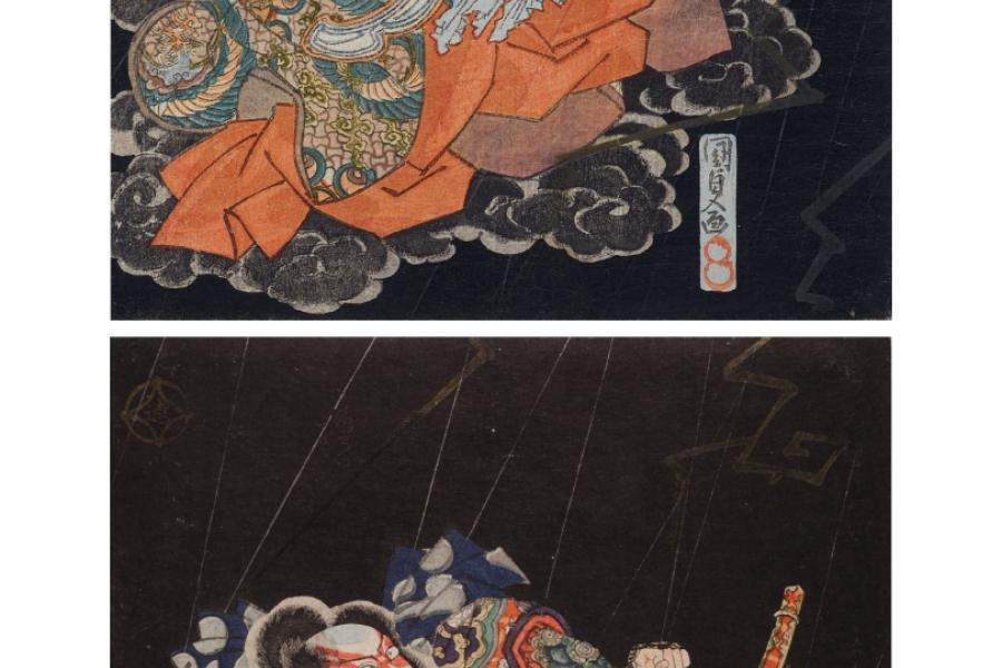 Utagawa Kunisada (1786–1865) Der Schauspieler Ichikawa Danjūrō VII als Watanabe Tsuna im Kampf mit dem Dämon IbaragiJapan, Edo-Zeit, um 1830Surimono DiptychonTusche, Farbe, Silber, Gold und Prägedruck auf PapierSammlung Museum für Kunst und Gewerbe HamburgErworben mit Mitteln der Campe’schen Historischen Kunststiftung aus der Sammlung Walter Gebhard Foto: MK&G/Tobias Eckmann