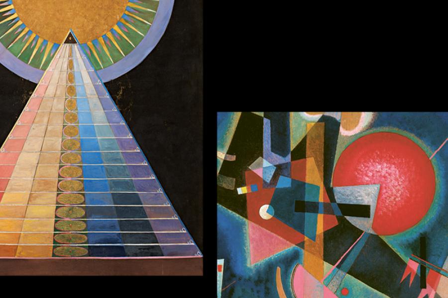 Hilma af Klint, Altarbilder, Gruppe X, Nr.1, 1915 ©The Hilma af Klint Foundation/Wassily Kandinsky, Im Blau, 1925 © Kunstsammlung Nordrhein-Westfalen, Düsseldorf, Foto: Achim Kukulies, Düsseldorf