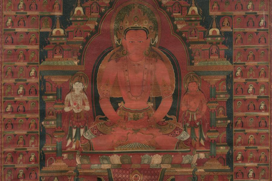 Imposantes und feines Thangka des Buddha Amitabha. Tibet, 16. Jh. oder früher Goldbrokatmontierung. Unter Glas gerahmt. 168 x 138 cm Ergebnis: € 541.800