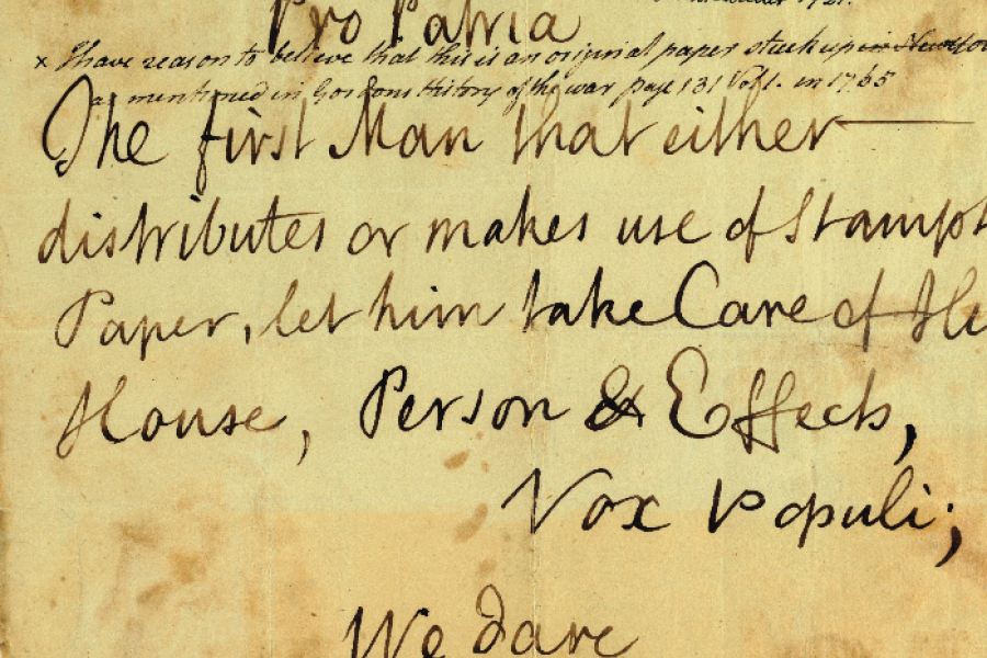 THE DAWN OF THE AMERICAN REVOLUTION STAMP ACT CRISIS [THE SONS OF LIBERTY – LAMB, John (?) (1735 ‐ 1800).] Autograph document signed (“Vox Populi”), [New York, 23‐24 October 1765]. One page, 156 x 192mm., on laid paper Estimate: $4,000,000-6,000,000