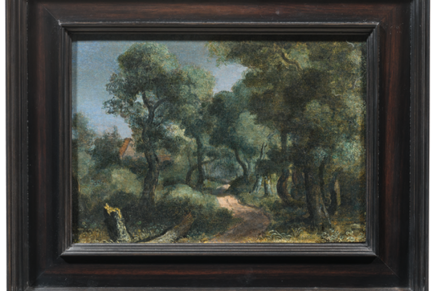 HERCULES PIETERSZ. SEGERS (Haarlem um 1589–um 1640 Den Haag) Waldpfad. 1618–20. Öl auf Leinwand auf Holz. 16 × 22,4 cm. Schätzung: CHF 350 000 / 500 000