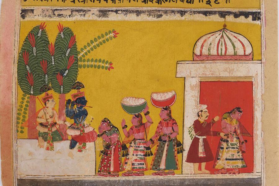 Die Brahmaninnen bringen Speisen zu Krishna  Folio 36 aus der «Bir Singh-Bhagavata Purana-Serie» (zu BhP 10.23), Indien, Bundelkhand, Orchha, ca. 1605–1615, Dauerleihgabe Eva und Konrad Seitz, Museum Rietberg, Zürich (2019.477)