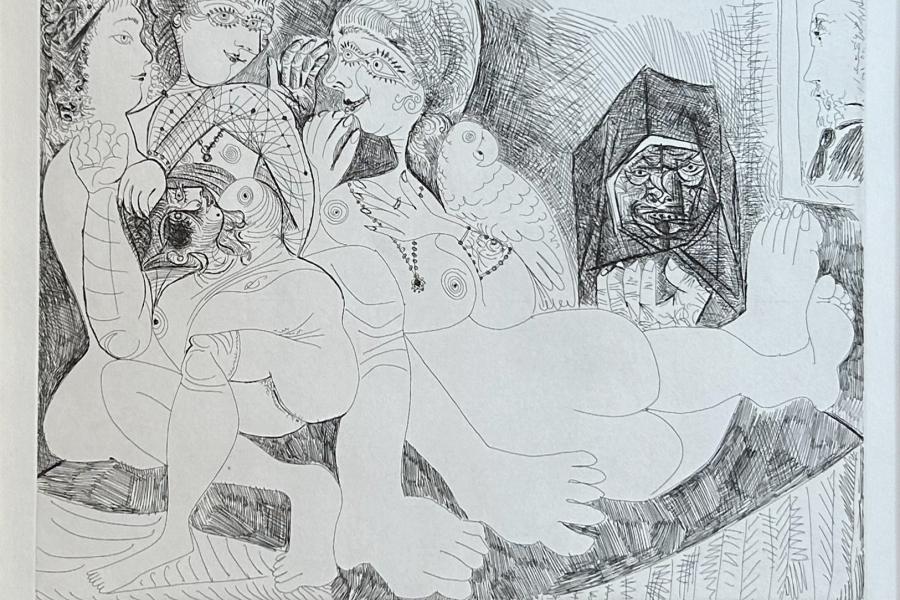 Pablo Picasso, Maison close. Bavardages, avec perroque, Célestine, et le portrait de Degas, 1971, Radierung, 36,7 x 49,4 cm, Pl.109 aus der Suite 156