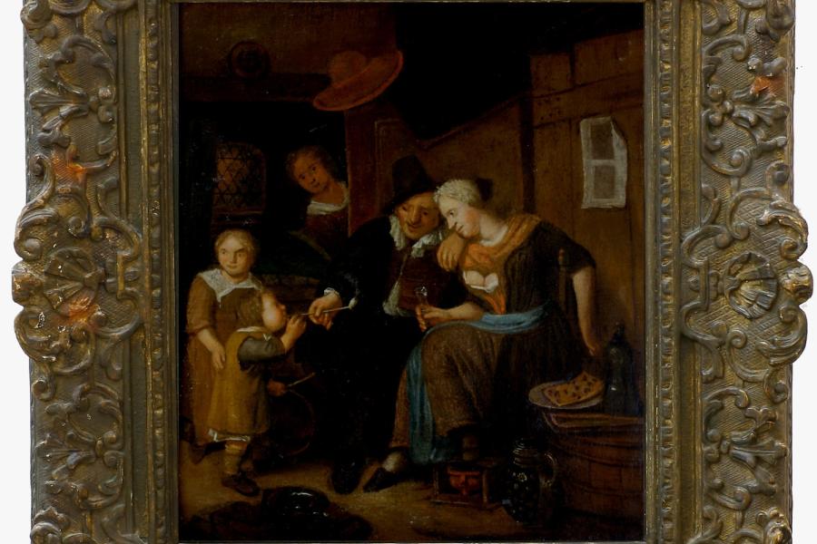 Brakenburgh, Richard (1650 Haarlem - 1702 ebd.) Interieur mit Familie. Öl auf Leinwand, doubliert. 34,3 x 28,5 cm. Rechts unten signiert. Gerahmt. Mit Gutachten von Roswitha von der Reck, München, vom 6. 6. 1988. - Brakenburgh war Schüler von Adriaen van Ostade, Jan Steen und Henrik Mommers.