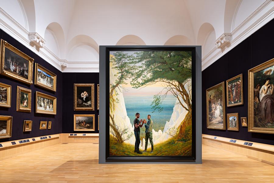 Installationsansicht der Ausstellung CASPAR DAVID FRIEDRICH. Kunst für eine neue Zeit, Hamburger Kunsthalle, 15. Dezember 2023 bis 1. April 2024, Kehinde Wiley, The Prelude (Ibrahima Ndiaye and El Hadji Malick Gueye), 2021 Courtesy of Rennie Collection, Vancouver  © Kehinde Wiley / Stephen Friedman Gallery, London   Foto: © Hamburger Kunsthalle, Fred Dott