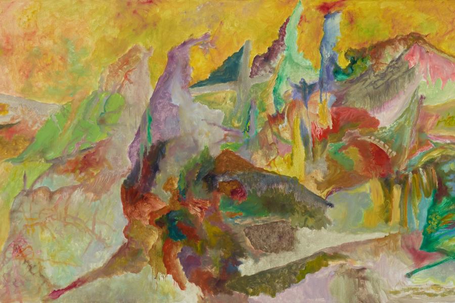 Bernard Schultze (1915 – 2005) „Zug der Masken-Tiere“ | 2000 | Öl auf Leinwand | 100 x 304 cm