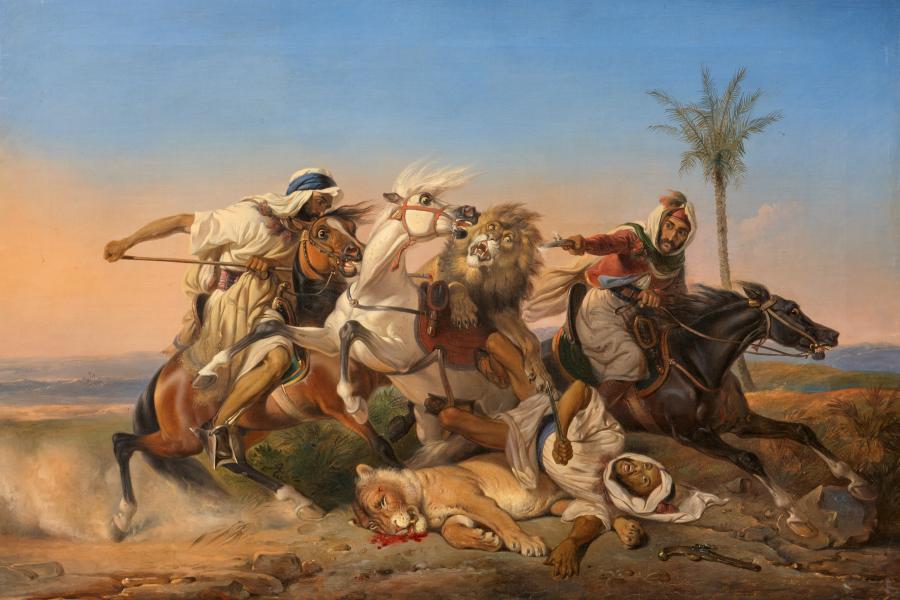 Los 1159: Raden Saleh Ben Jaggia Kampf zwischen arabischen Reitern und einem Löwen | Öl auf Leinwand | 67 x 98 cm Ergebnis: € 726.000