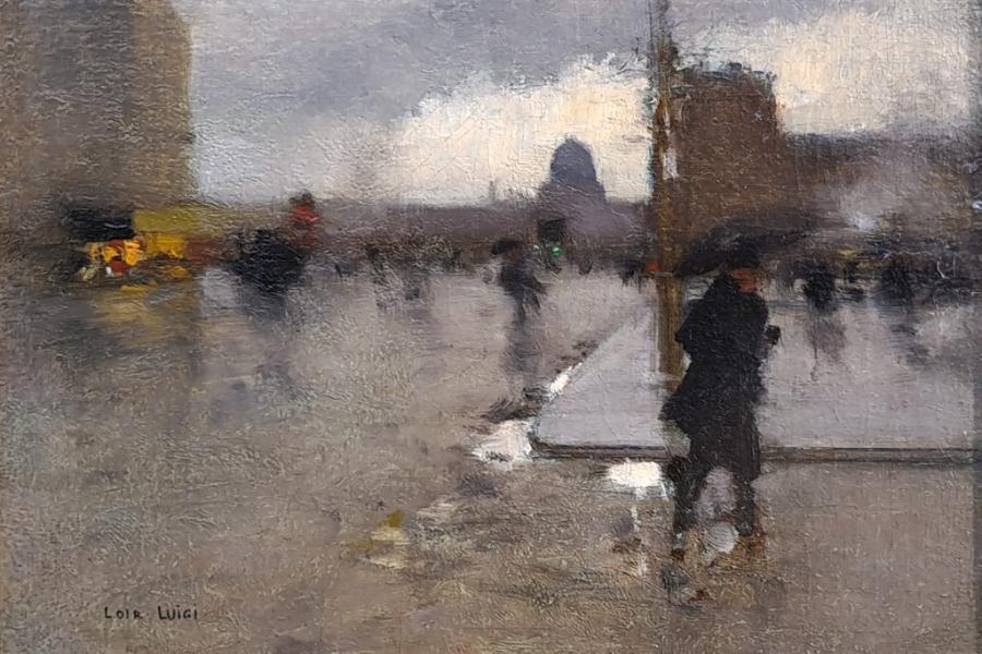 GALLERIES/Haynes Fine Art, Luigi Loir (1845-1916)  Un Jour de Pluie À Paris, circa 1900  Oil on Canvas  25.4 × 31.8 cm. (10 × 12 ½ in.)