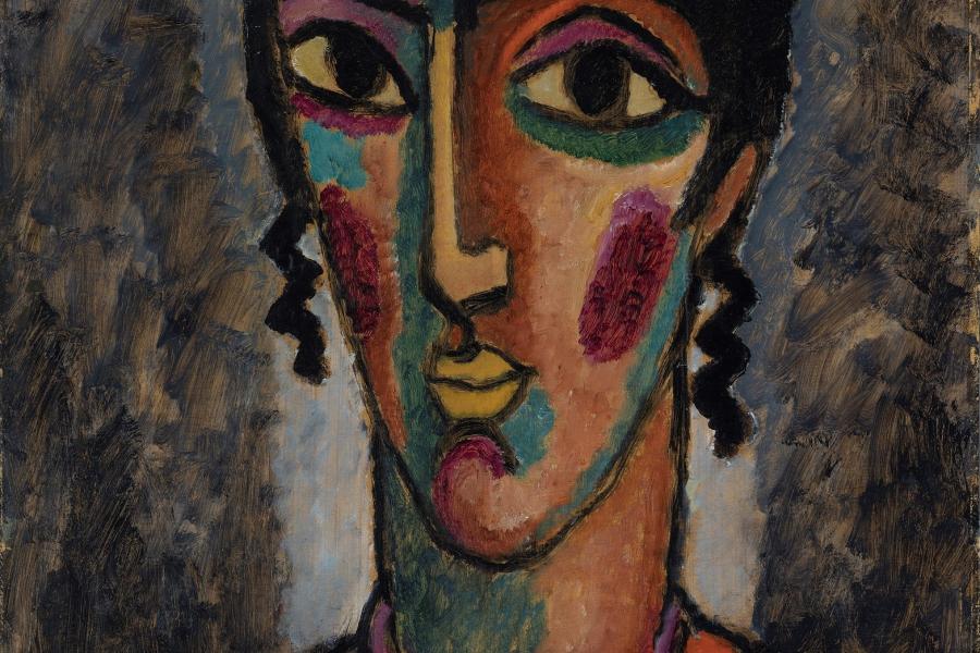 Alexej von Jawlensky Spanierin (Frauenkopf vor grauem Hintergrund), 1913 Öl auf Pappe, 64,4 x 53,4 cm Museum Wiesbaden, erworben 1987 aus dem Nachlass Hanna Bekker vom Rath, Dauerleihgabe des Vereins zur Förderung der bildenden Kunst in Wiesbaden e.V. Foto: Museum Wiesbaden/Bernd Fickert