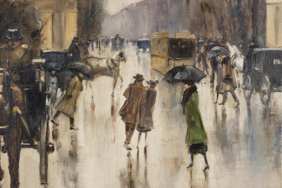 Lesser Ury (1861 – 1931)  Berliner Straßenszene, um 1920. Öl auf Leinwand. Signiert.  70 x 51 cm  Schätzpreis: € 70.000 – € 100.000