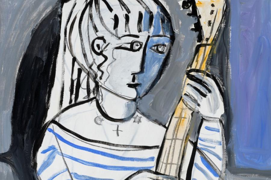 Lydia Corbett (née Sylvette David, b. 1934), Sylvette Playing the Guitar for Peace on Earth, 2023. Oil on board. 39¼ x 27⅞ in (99.7 x 70.7 cm). Estimate: £2,000-3,000. Offered in Picasso Ceramics until 1 July 2024 at Christie’s Online