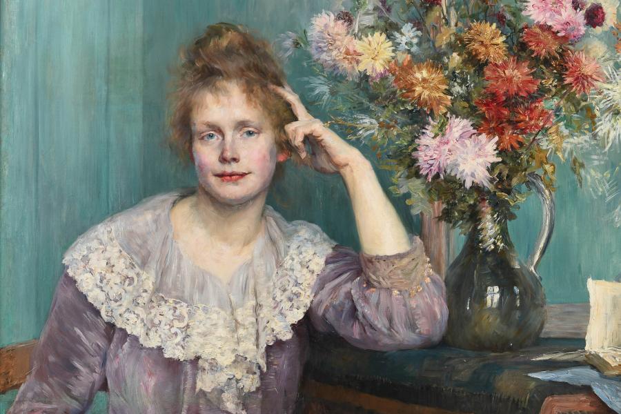 Louise Breslau (1856–1927) Jeune femme et chrysanthèmes – Porträt von Mina Carlson-Bredberg, 1890 Öl auf Leinwand 95 x 91,5 cm Privatbesitz, Zürich Foto: Kulturmuseum St. Gallen, Michael Elser