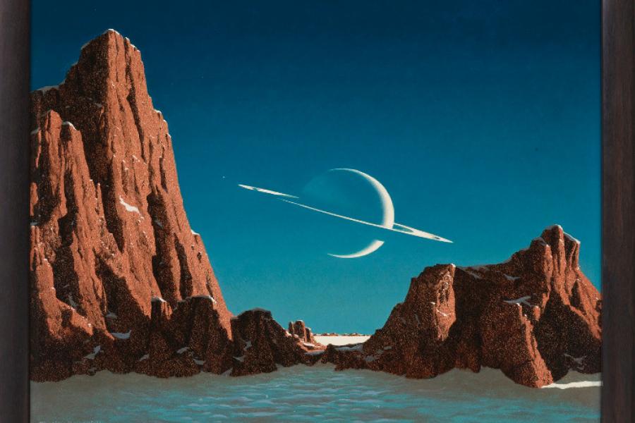 Chesley Bonestell (1888–1986), Saturn Viewed from Titan, 1952. Oil on board. 18¼ x 23 in (46.4 x 58.4 cm). Estimate:$30,000–50,000. Offered in Over the Horizon: Art of the Future from the Paul G. Allen Collection from 23 August–12 September at Christie’s Online