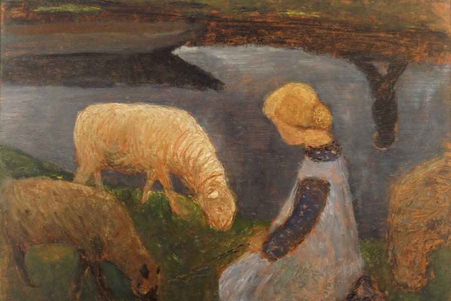 PAULA MODERSOHN-BECKER, Sitzendes Mädchen mit Schafen am Weiher II, um 1903 © Renate und Friedrich Johenning Stiftung, Düsseldorf, Foto: Linda Inconi-Jansen