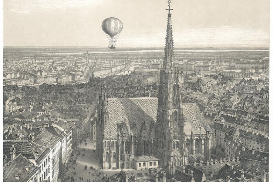 Die Lithografie „Wien aus dem Luftballon gesehen – von Südwesten“ ist das neue besondere Objekt im Prunksaal © Österreichische Nationalbibliothek