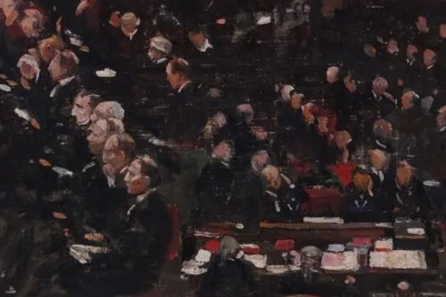 SIR JOHN LAVERY (IRISH, 1856-1941)  Sketch for the Irish debate, House of Lords  signed 'J Lavery' (lower left)  oil on canvas-board  25x35cm   £20,000-30,000