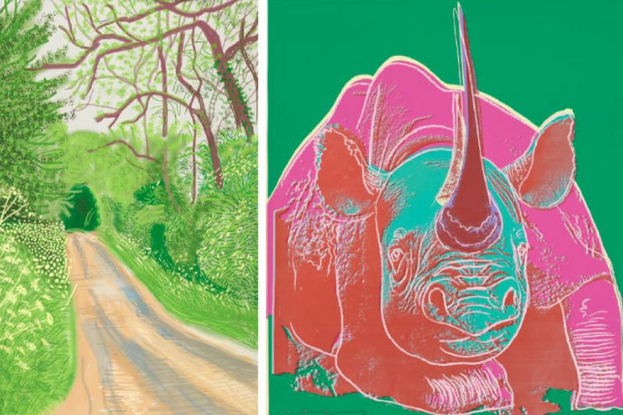 David Hockney, The Arrival of Spring in Woldgate, East Yorkshire in 2011 (twenty eleven) - 16 May, 2011, Estimate: £280,000 - 400,000, A Highlight of the David Hockney Auction on 19 September, and Andy Warhol, Black Rhinoceros, from Endangered Species (see F. & S. 301), 1983, Estimate: £120,000 - 180,000, A Highlight of the Evening & Day Editions Auction, London, 19 & 20 September