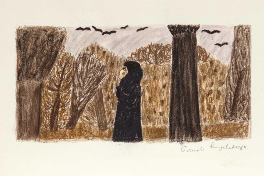 TRUDE ENGELSBERGER, IM PARK - um 1970, Farbkreide auf Papier, ca. 23 x 45 (49,5 x 64 cm)