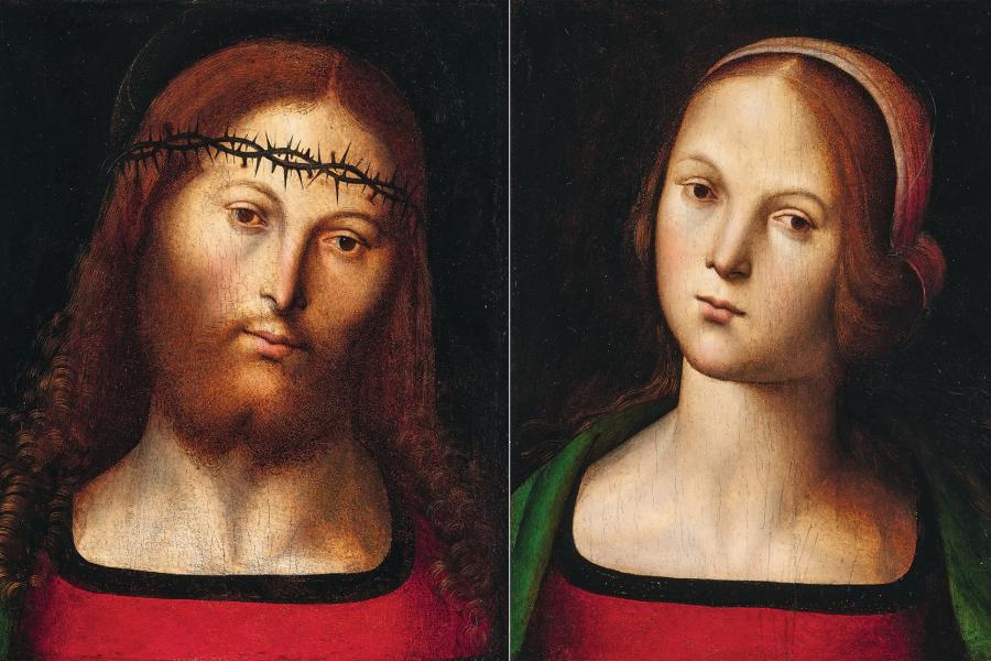 Pietro di Cristoforo Vannucci, genannt il Perugino (ca. 1450–1523) Der dornengekrönte Christus und Maria Öl auf Holz, ein Paar,  je 33,5 x 27,5 cm erzielter Preis € 842.800, WELTREKORD