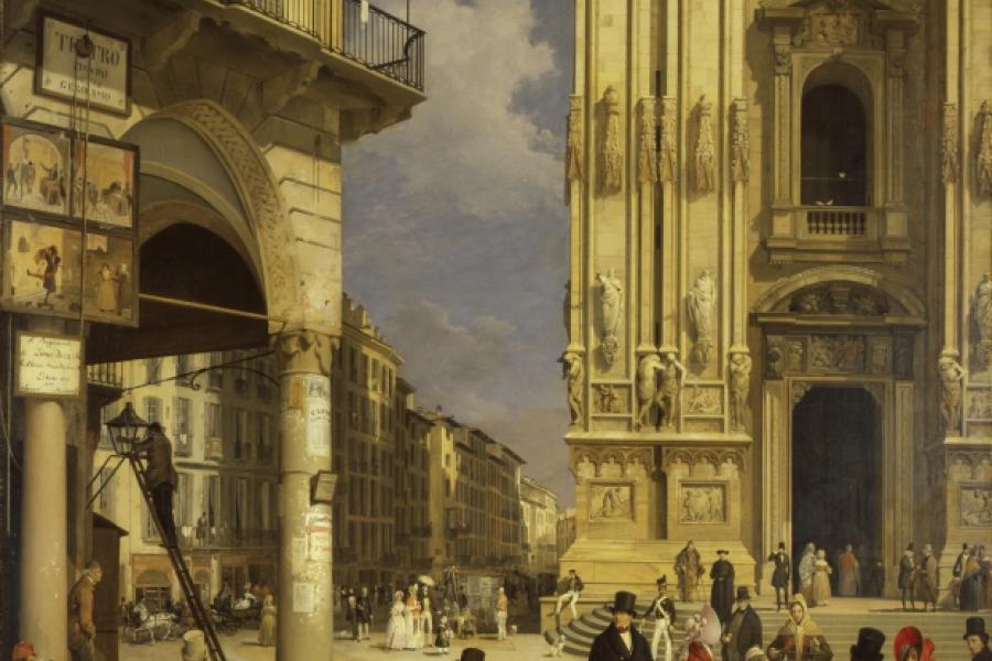 Angelo Inganni, Blick auf den Domplatz von Mailand mit dem Coperto dei Figini, 1838 © Milano, Palazzo Morando | Costume Moda Immagine, Foto: Comune di Milano – Tutti i diritti riservati – Palazzo Morando | Costume Moda Immagine, Milano (in deposito dall’Archivio Storico Civico e Biblioteca Trivulziana, Milano)