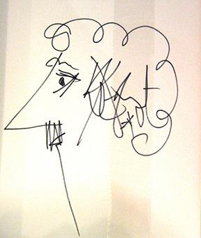 Kurt Vonnegut often signed books with a self-caricature like this one found in a first edition first printing of his 1969 novel Slaughterhouse-Five: or The Children’s Crusade: A Duty-Dance with Death. The book was offered at $6500 by B & B Rare Books, New York City.