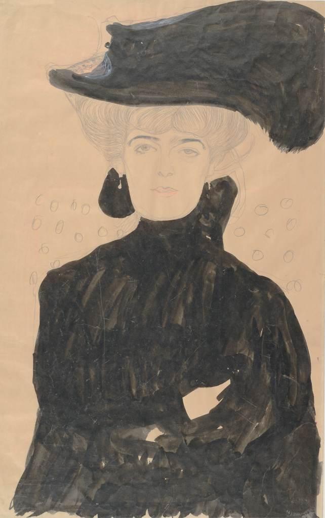 Gustav Klimt Halbbildnis einer Dame in Schwarz mit Federhut, 1907-08  Pinsel, Feder, Tusche, Bleistift, roter Farbstift  Albertina, Wien