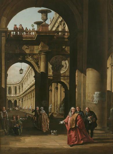 Exhibitor: Otto Naumann Ltd.  Bernardo Bellotto (Venice 1721–1780 Warsaw), Architectural Capriccio with a Self-Portrait of Bellotto in the Costume of a Venetian Nobleman  Oil on canvas, 155 x 112 cm  Price: $11.5 million USD