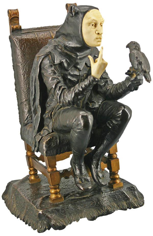 Franz Rosse (Berlin 1858 – 1900) „Hofnarr mit Papagei“ Bronze und Elfenbein signiert und datiert 1888 H: 30 cm (Antiquitäten Dr. Birbaumer & Eberhardt)