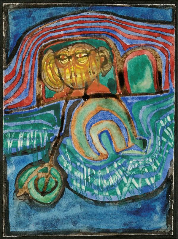 Friedensreich Hundertwasser, Automobiliste, 1958, Wasserfarbe auf Papier, 14,9 x 11 cm, Links unten signiert 100~ (verblasst), Rückseitig bezeichnet von fremder Hand  Foto: Galerie bei der Albertina - Zetter