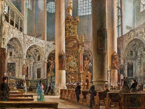 Kat-Nr: 0202 Rudolf von Alt (Wien 1812 - 1905 Wien) Innere der Franziskanerkirche zu Salzburg Öl auf Leinwand 31,2 x 40,4 cm