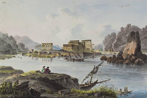 Norbert Bittner (1786–1851) Insel von Philae von Nordwesten gesehen  Feder in Schwarz, Aquarell, Bleistiftvorzeichnung; 496 x 721 mm Akademie der bildenden Künste Wien, Kupferstichkabinett. © LIECHTENSTEIN MUSEUM. Die Fürstlichen Sammlungen, Wien