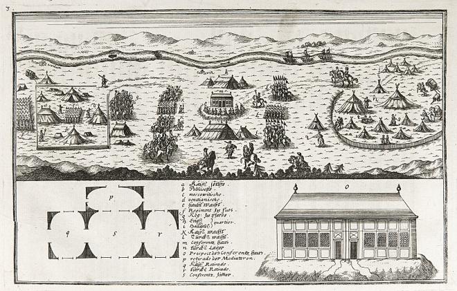 ANONYMUS Grund- und umständlicher Bericht von denen Römisch-Kayserlichen wie auch Ottomannischen Groß-Botschafften ... Wien, Johann Baptist Schönwetter, 1702 Aufgeschlagen: Das kaiserliche und das osmanische Lager sowie das Konferenzhaus bei Karlowitz Sammlungen des Fürsten von und zu Liechtenstein, Vaduz–Wien, Bibliothek, Signatur: 1561