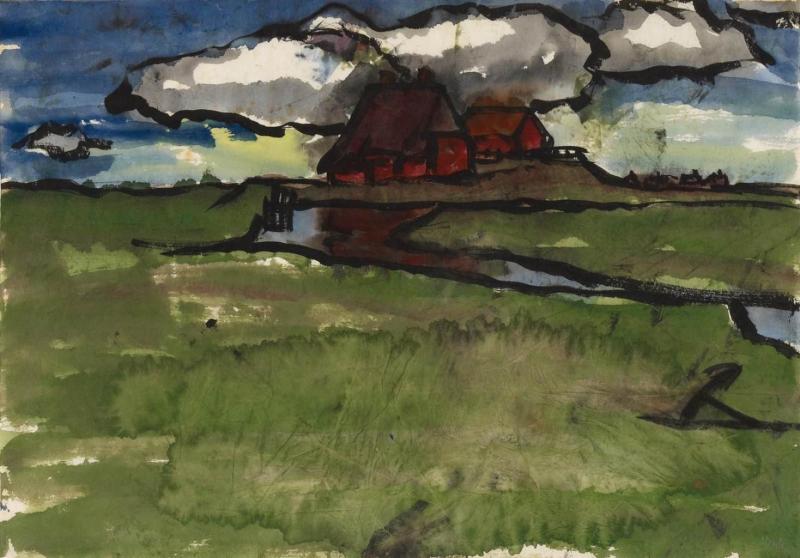 Nolde, Emil 1867 Nolde - 1956 Seebüll  Landschaft mit roten Häusern. Um 1920/25. Aquarell auf dünnem Japan. 34,5 x 48,5cm. Signiert unten rechts: Nolde. Modellrahmen.  Es liegt eine Echtheitsbestätigung von Prof. Dr. Martin Urban, Stiftung Seebüll, Ada und Emil Nolde, vom 11. März 1981, vor Van Ham | Saša Fuis (Köln)