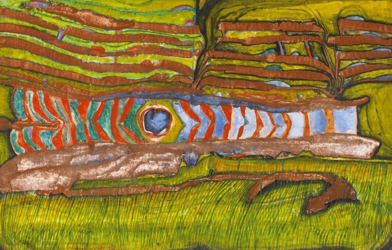 Hundertwasser, Friedensreich 1928 Wien - 2000 La Solitude. 1958. Mischtechnik auf Papier. Auf Leinwand aufgezogen. 42,5 x 66cm. Signiert und nummeriert unten links: Hundertwasser 1958. Rahmen. com in der Rubrik „Pressese Van Ham | Saša Fuis (Köln)