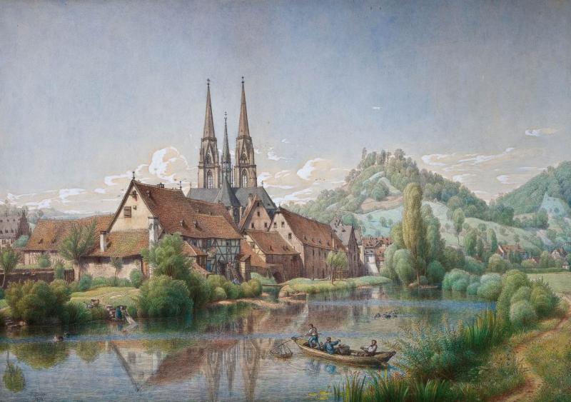 Lot 772: Peter Becker (Frankfurt/Main 1828 – 1904 Soest), Blick auf Marburg an der Lahn, Aquarell mit Deckfarben, 1874