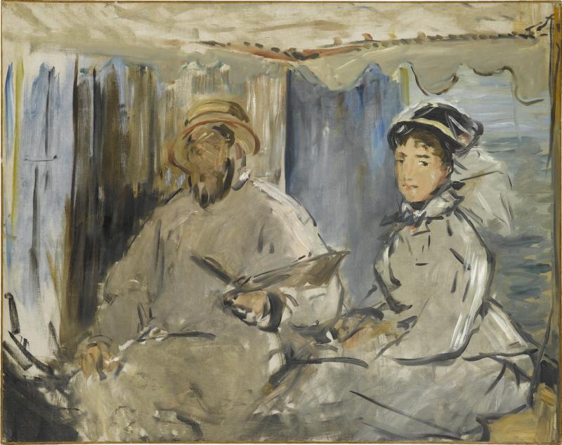 Edouard Manet, Der Maler Monet in seinem Atelier, 1874, Öl auf Leinwand, 106,5 x 135 cm, Staatsgalerie Stuttgart EGL. Edouard Manet, The painter Monet in his atelier, 1874, oil on canvas, 106,5 x 135 cm, Staatsgalerie Stuttgart